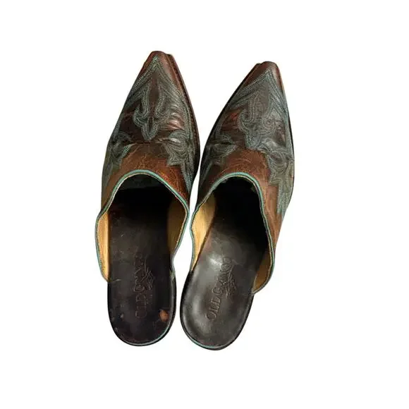Old Gringo Leather Made In Mexico Brown w/ Teal Detail Western Style Mules sz 8 - Picture 7 of 14